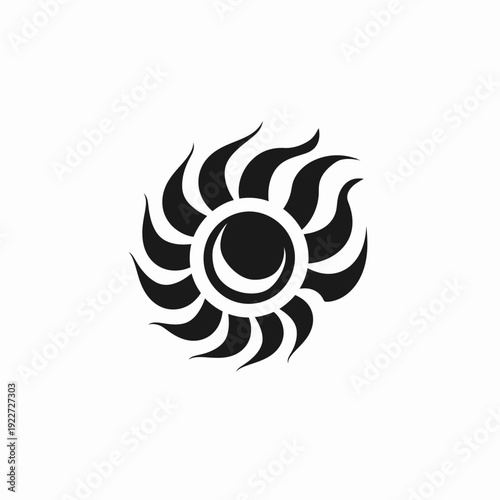 Stylized Sun and Moon Crescent Icon. Abstract Celestial Symbol with Wavy Rays. Black and White Graphic Design Element.
