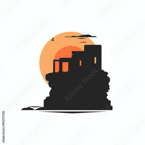 Ancient cliff dwelling ruins silhouette on a rocky mesa against a vibrant setting sun with flying birds, historical desert landscape.