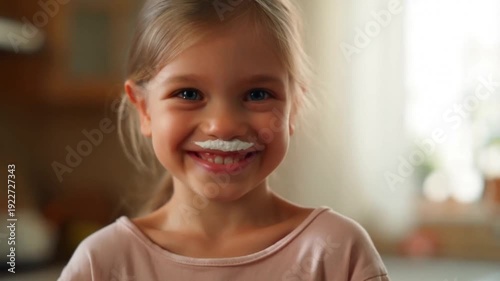 Little girl drinking milk with white mustache on upper lip, joyful eyes, soft window light, innocent childhood moment. Concept for children’s dairy products