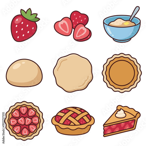 Strawberry Pie Making Steps Flat Vector Illustration Set