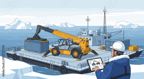Telehandler loading cargo container onto a barge in an arctic environment.