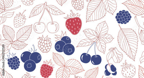 Seamless pattern background filled with assorted berries like strawberries, cherries, blueberries, and raspberries in red and blue line art styles.