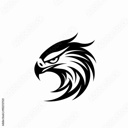 Intense black and white eagle head illustration. Stylized vector design of a majestic bird of prey with a fierce gaze, symbolizing strength, power, and freedom.