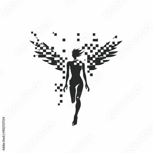 Abstract digital woman graphic with pixelated wings, symbolizing modern technology, transformation, evolution, and digital future.
