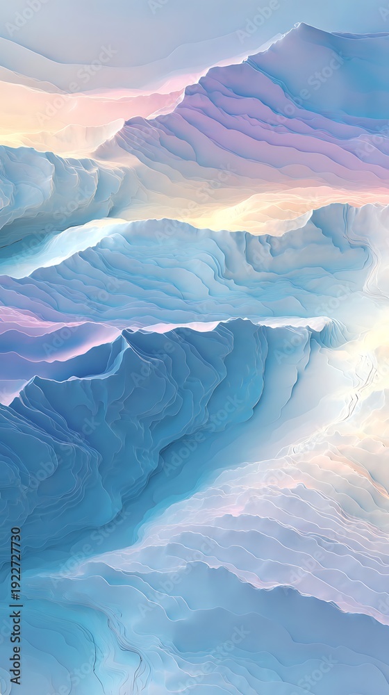 Fototapeta premium Abstract layered terrain exhibits soft pastel hues of blue violet and pale yellow