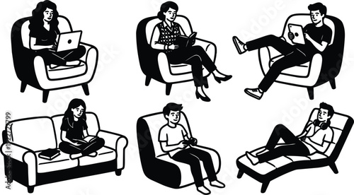 Minimalist line art vector set showing six people relaxing on chairs reading using devices at home in casual comfortable poses