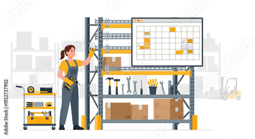 Woman in overalls organizing tools and boxes on a metal shelving unit.