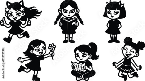 Flat design playful girls vector set showing varied poses running reading holding a flower and jumping black silhouettes smiling sitting