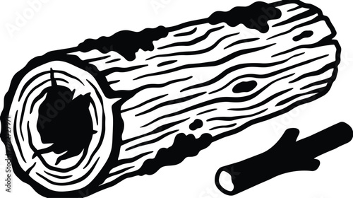 Woodcut style close up hollow log and branch side view rustic wood texture vector illustration bold line art monochrome isolated