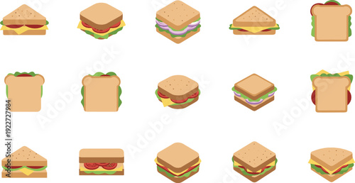 Sandwich and burger icon set flat vector collection of fast food meals isolated on light background