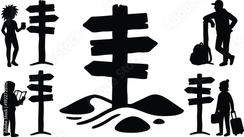 Flat silhouette signpost with travelers standing and reading map close up beach directional signs in minimalist vector high contrast bold