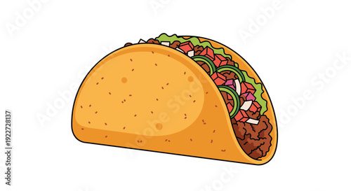 Delicious Mexican taco illustration filled with ground meat, diced tomatoes, onions, cilantro, and green peppers in a hard corn tortilla shell.
