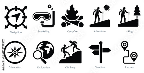 set of adventure icons as adventure hiking climbing