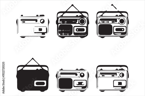 Black and white illustrations of vintage portable radios with handles