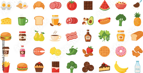 Food and Drink Icon Set with Fruits Vegetables Fast Food Desserts and Beverages Vector Collection