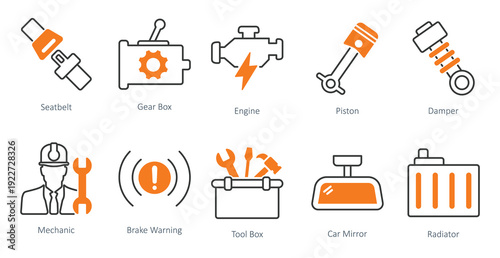 set of car icons as engine piston damper