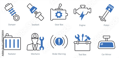 set of car icons as engine piston damper