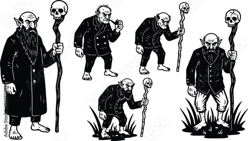 Tattoo flash old goblin wizard with skull staff standing and walking multiple poses vintage woodcut vector art black silhouette engraving