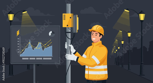 Worker in hard hat and safety vest installing smart street light system.