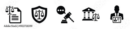 set of justice icons as court warrant law in black