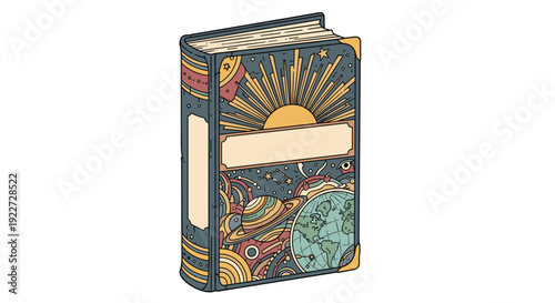 Decorative old book with a colorful cover featuring celestial illustrations of the sun, planets, stars, constellations, and a map of the earth.