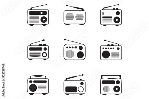 Collection of vintage transistor radios in a black and white design