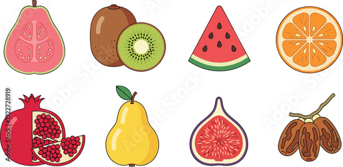 Fresh Fruit Illustration Set with Watermelon Orange Kiwi Fig and Tropical Healthy Food Collection
