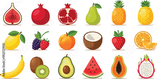 Fresh Tropical and Organic Fruit Vector Collection Featuring Pineapple Watermelon Avocado Citrus and Berries for Healthy Food and Nutrition