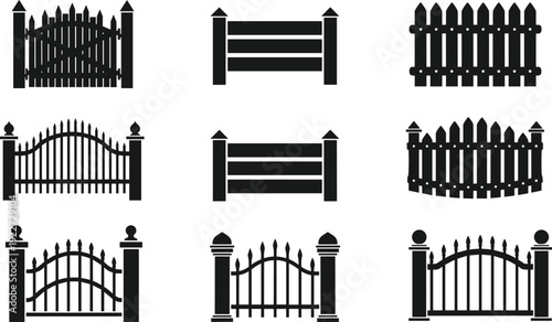 Black fence icons set including picket, wooden, and wrought iron gate silhouettes for architectural cad drawing and flat vector illustration.
