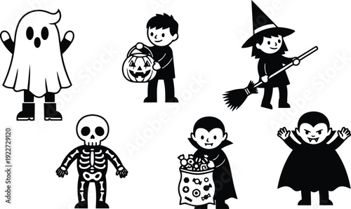 Flat cartoon vector witches ghost skeleton and vampire kids trick or treat scene with pumpkin holding candy smiling black silhouette