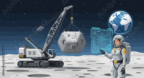 Astronaut Overseeing Lunar Base Construction with Crane and Habitat Module.