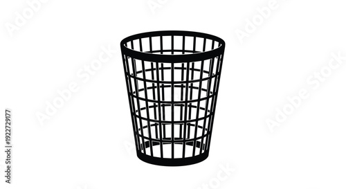 Simple black silhouette of an empty office wire mesh trash can or waste basket against a plain white background for office supplies category.