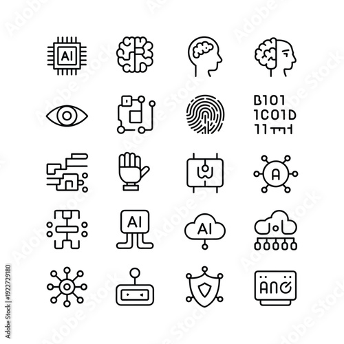 A collection of black and white icons