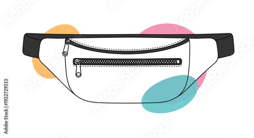 Modern white waist bag or fanny pack with black straps and two zippered pockets shown against a background of colorful abstract shapes.