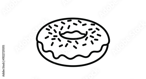 Simple black and white line art drawing of a delicious donut with thick frosting and sprinkled toppings for coloring and food design.