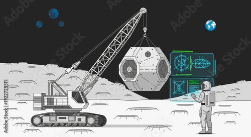 Astronaut Oversees Lunar Module Construction with Crane on Moon.
