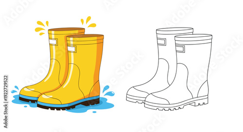 Pair of bright yellow waterproof rubber boots splashing in a blue puddle next to their simple black and white line art drawing for coloring.