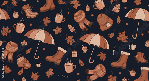 Cozy autumn seamless pattern featuring fall leaves, boots, coffee mugs, umbrellas, scarves, hats, and candles on a dark navy blue background.