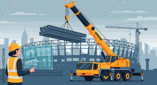 Construction site with a large yellow crane lifting steel beams and a worker observing the operation.