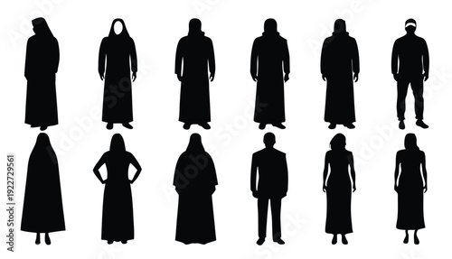 muslim arab man and woman full body pose silhouettes set
