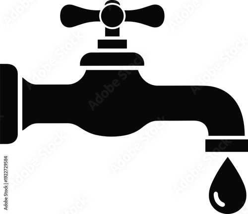 Water tap icon with dripping water drop symbol for plumbing services, home maintenance, conservation concept, and kitchen or bathroom repair.