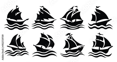  nine ships sail onward in black silhouettes against the wavy
