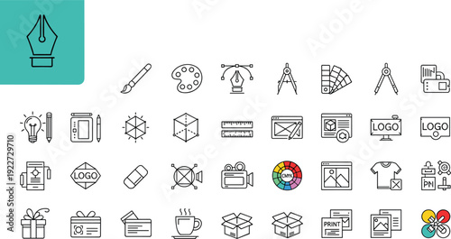 Graphic Design and Creative Tools Line Icon Set Featuring Pen Tablet Color Palette Camera and Editing Symbols for Designer Workflow Projects