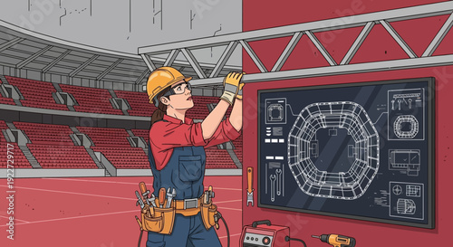 Construction worker installing stadium infrastructure with tools and blueprint.