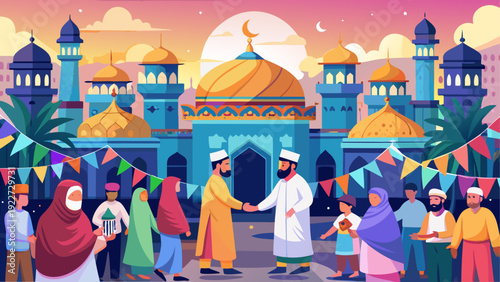 A vibrant and bustling marketplace in a middle eastern city with diverse people and goods