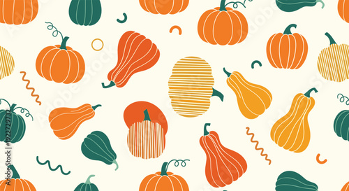 Vibrant seamless pattern featuring various orange and green pumpkins and squash in a festive autumnal garden theme.