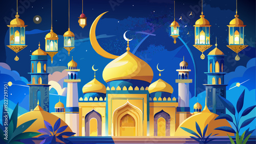 A vibrant mosque illuminated with lights during the holy month of ramadan