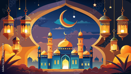 A vibrant and enchanting illustration of a mosque at night with a crescent moon.