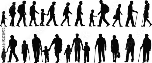 Human life cycle silhouette set showing people walking from childhood to old age including family figures isolated on white background for aging concept