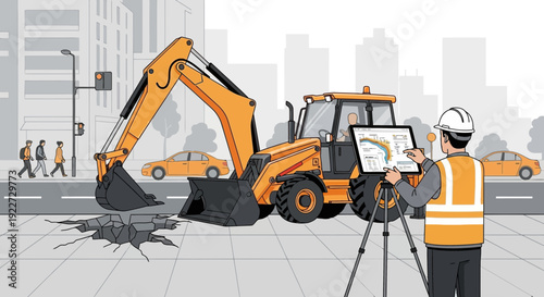 Construction worker operating a backhoe loader with surveying equipment.